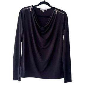 Michael Kors Black Cowl Neck‎ Long Sleeve Top Zipper Shoulder Accents Size S